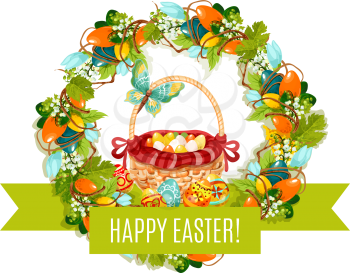 Happy Easter icon of Easter eggs in basket and floral wreath decoration for greeting card. Vector isolated ribbon with spring flower bunch for religious Easter Sunday holiday celebration design