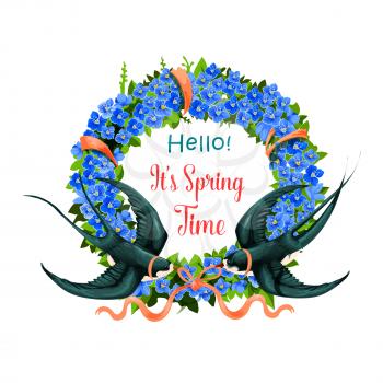 Hello spring icon of floral wreath and swallows with ribbons for seasonal spring holiday greeting card. Vector isolated symbol of crocuses blossoms and green leaf bouquet for springtime