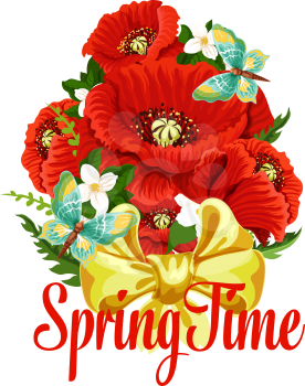 Spring time floral bouquet and butterflies icon for springtime season and holiday greetings. Vector flourish blooms design of red poppy blooms, crocuses flourish bunch and and green leaves