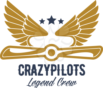 Avia customs and retro aviation icon for pilots crew team. Vector isolated badge of retro airplane propeller and aircraft wings on airscrew for aviation legend or best pilot and wind chasers sport team