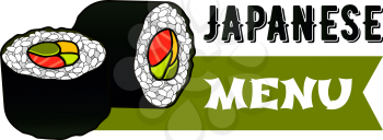 Japanese sushi bar or Asian seafood restaurant menu icon. Vector isolated symbol of Japan cuisine sushi rolls with salmon fish or shrimp prawn wih rice in nori for Japan cuisine menu design