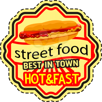 Fast food hot dog icon for fastfood restaurant. Vector isolated symbol of sausage sandwich with mustard and ketchup for street food cafe or cinema bar bistro, delivery and takeaway meals