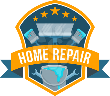 Home repair service or work tools shop icon. Vector isolated badge of house carpentry and renovation instruments of painting brush, plastering spatula and wrench or spanner with stars and ribbon