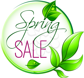 Springtime sale icon of green leaf and grass for spring time seasonal sale and shopping design. Vector sale text and isolated green tree plant sprout of flowers or spring grass for discount promo in store