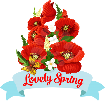 Flowers bouquet icon for springtime holiday and seasonal greeting card for Welcome Spring. Vector butterfly on flourish blooms of red poppy and white garden crocus or jasmine petals in blossom