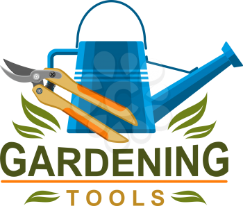 Gardening tools icon for farmer shop or garden farming store. Vector isolated symbol of watering can, green leaves and plant secateurs or pruner scissors for planting agriculture