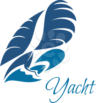 Yacht icon for yachting club or blue sailboat on sea waves for sport club or marine travel adventure. Vector yacht ship on sails for ocean cruise journey trip or summer boat yachting tourism