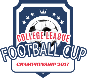 Football college league heraldic badge of soccer ball and champion crown with victory stars. Vector isolated icon for soccer sport game championship or football fan club cup match tournament