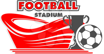 Football arena and ball icon for soccer cup championship. Vector isolated symbol of stadium and ball goal with victory champion cup for college league or soccer team club sport tournament