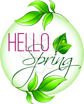 Hello Spring seasonal wish icon of green leaf and growing tree plant for springtime holiday celebration greeting card design. Vector isolated symbol of sunny spring green nature in bloom