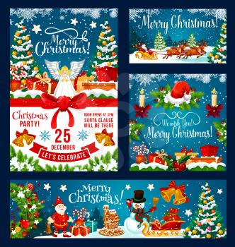 Christmas party invitation posters and banners design of X-mas decoration ornaments, fir tree wreath and holly ribbon. Vector Santa gifts in sow on blue background New Year season
