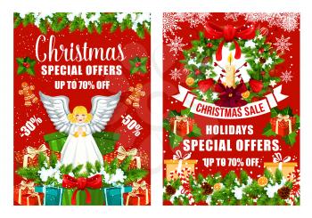 Christmas sale posters for winter holiday Xmas discount special offer, Vector angel ornament decoration on Christmas tree and Santa New Year gifts in snowflakes or candle in wreath on red background