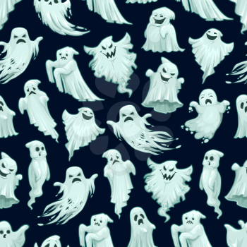 Halloween scary ghost pattern background of flying white ghost monster with scary horror face face. Vector cartoon seamless trick or treat party black design