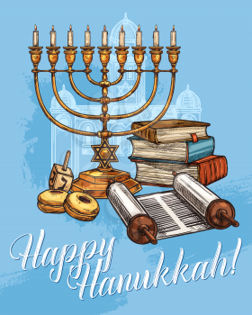 Happy Hanukkah greeting card, Jewish religious traditional holiday. Vector sketch design of Menorah candles, holy Torah book and scroll with dreidel spinning top and synagogue on blue background