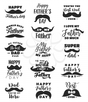 Father Day hand drawn lettering quotes with greeting wishes and black moustache. Calligraphy font of Best Dad Ever text with mustache, star and heart for greeting card design