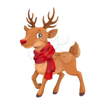 Christmas reindeer in red Santa scarf. Vector cartoon isolated deer smile, Xmas and New Year winter holiday celebration greeting card design