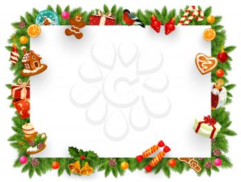 Frame for Christmas holiday card with blank space for greeting sign. Gingerbread cookies and candle, gift box and orange, bullfinch and cane candy. Jingle bells and angel statue with snow ball vector
