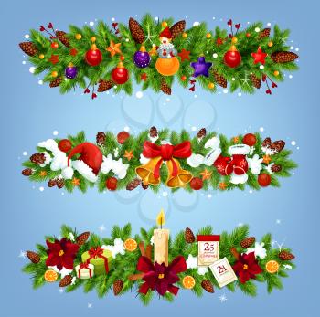 Christmas festive garland with Xmas gift and New Year ornaments. Xmas tree border with bell, candle and ribbon bow, Santa hat, glove and snowflake, calendar, present and ball for winter holiday design