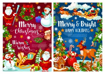 Christmas holiday greeting banner of New Year celebration. Santa and snowman with Xmas tree and gift, holly wreath and reindeer sleigh with candy and bell, star, cookie and sock for Xmas design