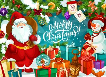 Santa Claus and snowman on greeting card with Merry Christmas wish. Gift and present boxes, garland of fir and decorations, calendar and glass ball with snow. Lantern and gingerbread cookie vector