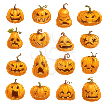 Halloween pumpkins with emotional faces. Autumn holiday symbol or lantern made of vegetable, night of evil spirits rise decoration. Sad and angry, cunning and happy, disappointed and shocked vector