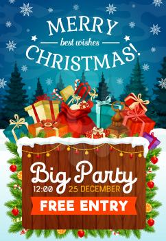Christmas holidays poster for New Year party celebration template. Santa sack with gift and present boxes, Xmas tree, balls and ribbon bow banner with winter snowy forest on background