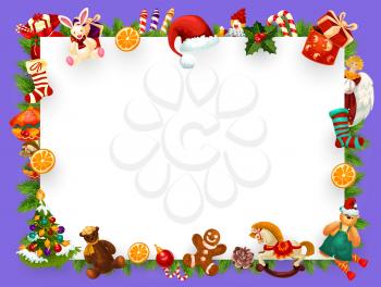 Christmas or New Year greeting card empty blank of Xmas decorations frame. Vector winter holiday background design of Christmas tree ornaments, toys and New Year Santa gifts
