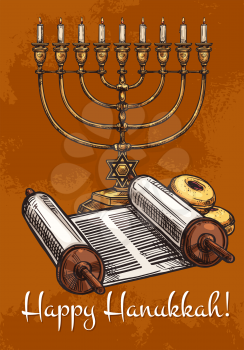 Happy Hanukkah greeting card of traditional Menorah candle with David Star symbol. Vector sketch design of Jewish religious holiday celebration symbols Torah scroll and biscuits