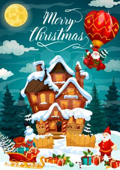 Holiday greeting card with Merry Christmas wish. House under snow in forest and Santa Claus on air balloon, harness with gifts or presents. Snowman in hat and moon, garden dwarf and garland vector