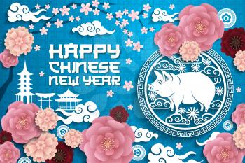 Happy Chinese New Year of pig festive poster with flowers. Astrology zodiac animal and oriental style buildings gates and temples, sakura blossom and tea roses, cloud and piglet in circle vector