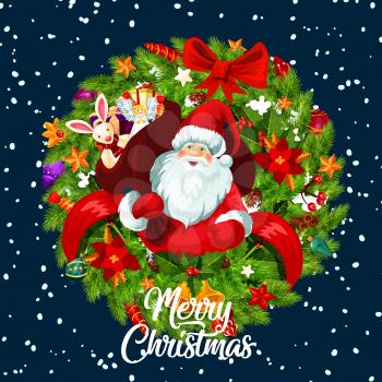 Merry Christmas greeting card of Santa with gifts bag and Xmas tree wreath with red ribbon and decorations. Vector New Year ornaments on snowflakes blue background