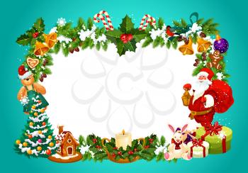 Frame for Christmas greeting card with blank space for festive wishes. Gingerbread cookies and candle, gift box and Santa Claus, toys and cane candy. Jingle bells and decorated Xmas tree vector