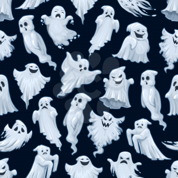 Halloween cartoon ghost pattern background. Vector Happy Halloween greeting card and trick or treat party seamless design of white ghost or poltergeist monster on black background