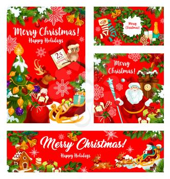 Christmas gift and Santa greeting banner. Xmas tree, Santa and reindeer sleigh with presents, bell and snowflake, holly wreath, ball and candle, sock and cookie for New Year holiday card design