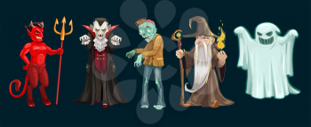 Halloween characters of ghost, vampire and zombie, devil, dracula and wizard. October holiday horror night scary monsters and evil beasts, trick or treat themes design