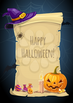 Happy Halloween greeting card of pumpkin lanterns with skull candy and witch hat. Vector trick or treat party invitation poster design with bat and spider web background
