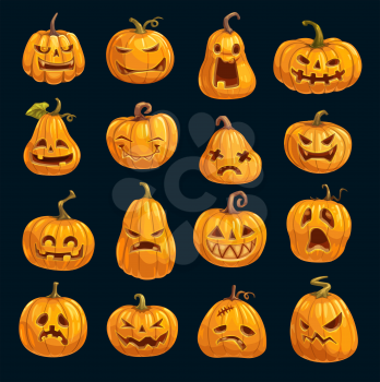 Halloween cartoon pumpkins isolated icons. Vector Happy Halloween greeting card and trick or treat party invitation design of pumpkin lantern monsters with fire eyes and evil face carving