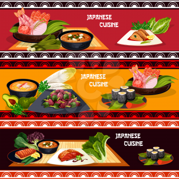 Japanese cuisine restaurant menu banner set of seafood dishes. Sushi roll, fish sashimi and grilled salmon, egg roll, shrimp and miso soup with feta cheese, liver salad with pepper and teriyaki sauce