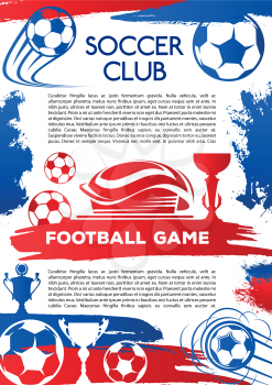 Football sport game poster for soccer club match. Stadium and sports arena banner with soccer ball, football trophy and winner cup for championship tournament and sporting competition design