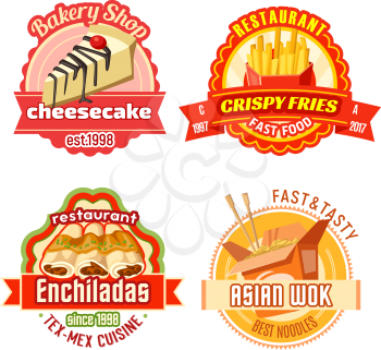 Fast food and bakery shop labels. French fries, chinese wok noodle, mexican tortilla roll or meat enchilada and cheesecake isolated icon with ribbon banner for fast food package design
