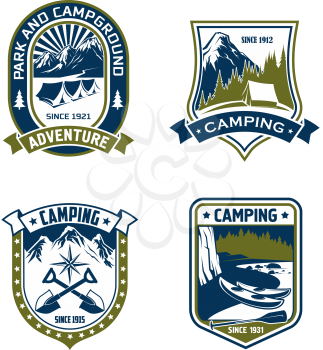Camping badge of mountain or forest camp adventure. Outdoor recreation or scout heraldic shield with campground park, tent, mountain river and forest tree landscape, adorned by ribbon banner and star