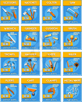 Repair equipment and tools and instrument price labels. Hammer, screwdriver and pliers, wrench, saw and spanner, knife, paint brush and roller, tape measure, trowel, axe and screw