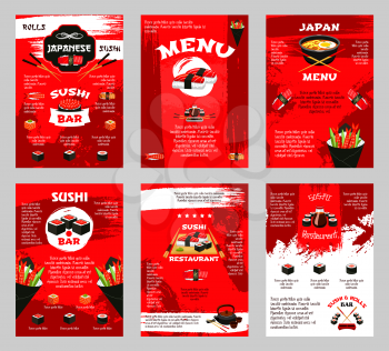 Japanese restaurant and sushi bar menu banner template. Sushi platter with salmon fish roll and seafood nigiri, tuna sashimi, soy sauce, chopsticks and noodle soup ramen for asian cuisine design