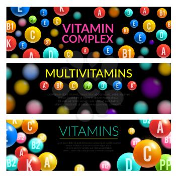 Vitamin and mineral complex 3d banner of dietary supplement and medicines. Multivitamin pill and capsule in shape of ball with vitamin group name letter for healthy nutrition and pharmacy theme design