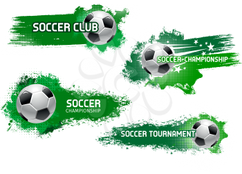 Soccer ball grunge icon for football championship tournament match and sport club badge. Flying ball with motion trail of star and sparkles for soccer or football sport game banner design