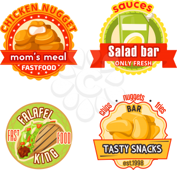 Fast food restaurant and cafe badge. Chicken nuggets, potato chips and french fries, fresh salad and falafel sandwich round label with ribbon banner for street food menu or delivery flyer