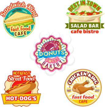 Fast food restaurant, donut shop and cafe bistro badge set. Hot dog, cheese sandwich and fried chicken leg, doughnut and salad label for food packaging and label design