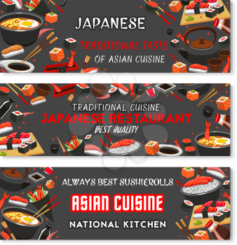 Japanese restaurant menu banner with traditional sushi of asian cuisine. Seafood sushi roll and sashimi, sticky rice with salmon fish, tuna and shrimp, soup ramen, soy sauce and chopsticks