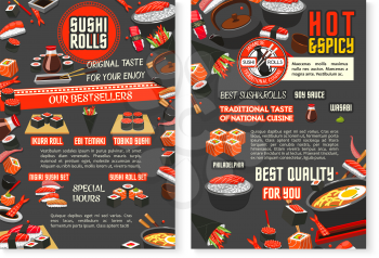 Japanese restaurant and sushi bar menu poster template. Sushi with salmon fish roll, seafood sashimi and chopsticks, tuna and shrimp with sticky rice, soy and wasabi sauce for asian cuisine design