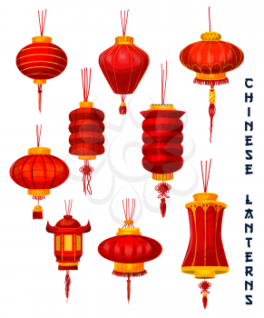 Chinese New Year isolated lantern icons set. Red paper lamp of Oriental Spring Festival with lucky knot ornaments and golden decoration for asian lunar calendar holidays design